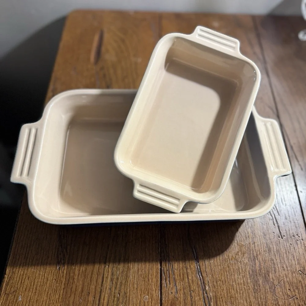 2- LE Creuset Small 5×7 & Medium 10x7 Blue Casserole Stoneware Baking Dishes